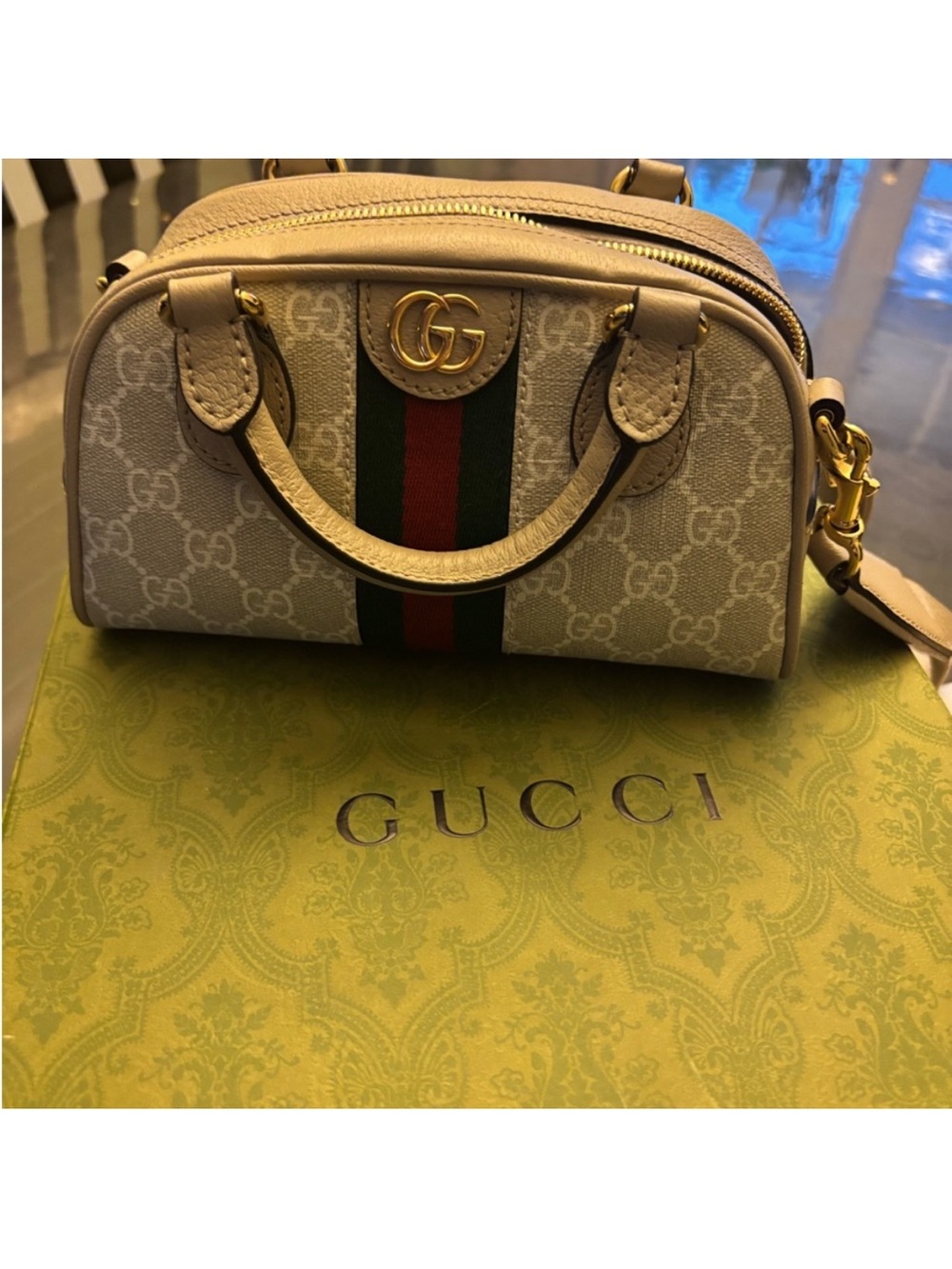 Gucci Beige Mini Ophidia Top-Handle Bag with Green-Red Web - Picture 3 of 8